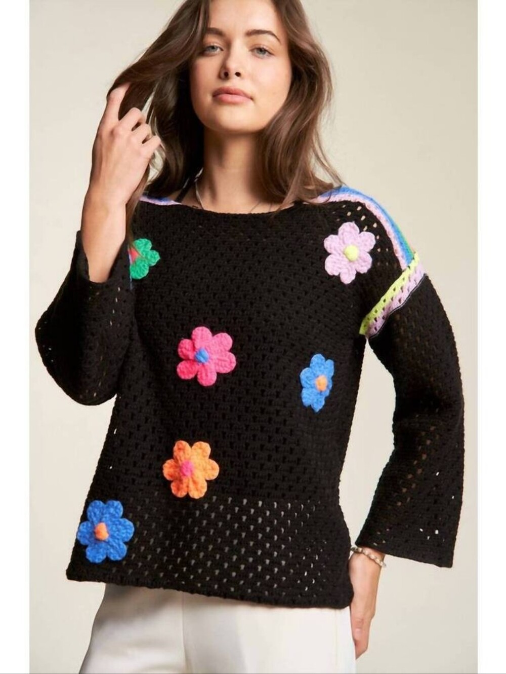 DAVI & DANI Black Crochet Sweater with Multicolor Flower Appliqués